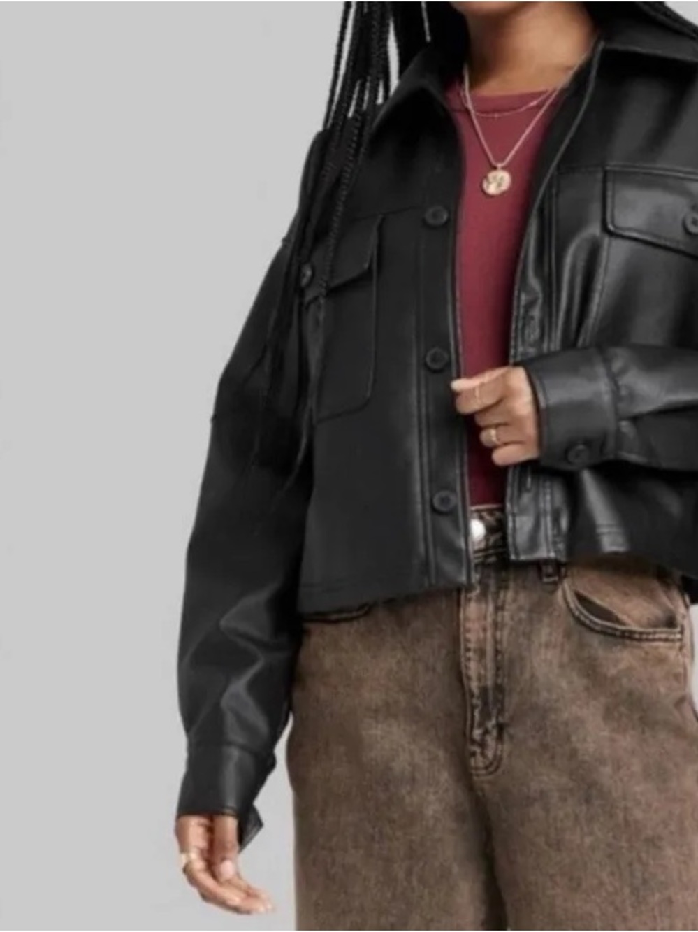 Wild Fable Black Faux Leather Cropped Trucker Jacket XXL